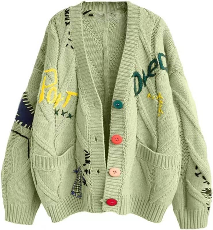 Rosa Clothing - Slouchy Embroidered Cardigan With 6 Colors
