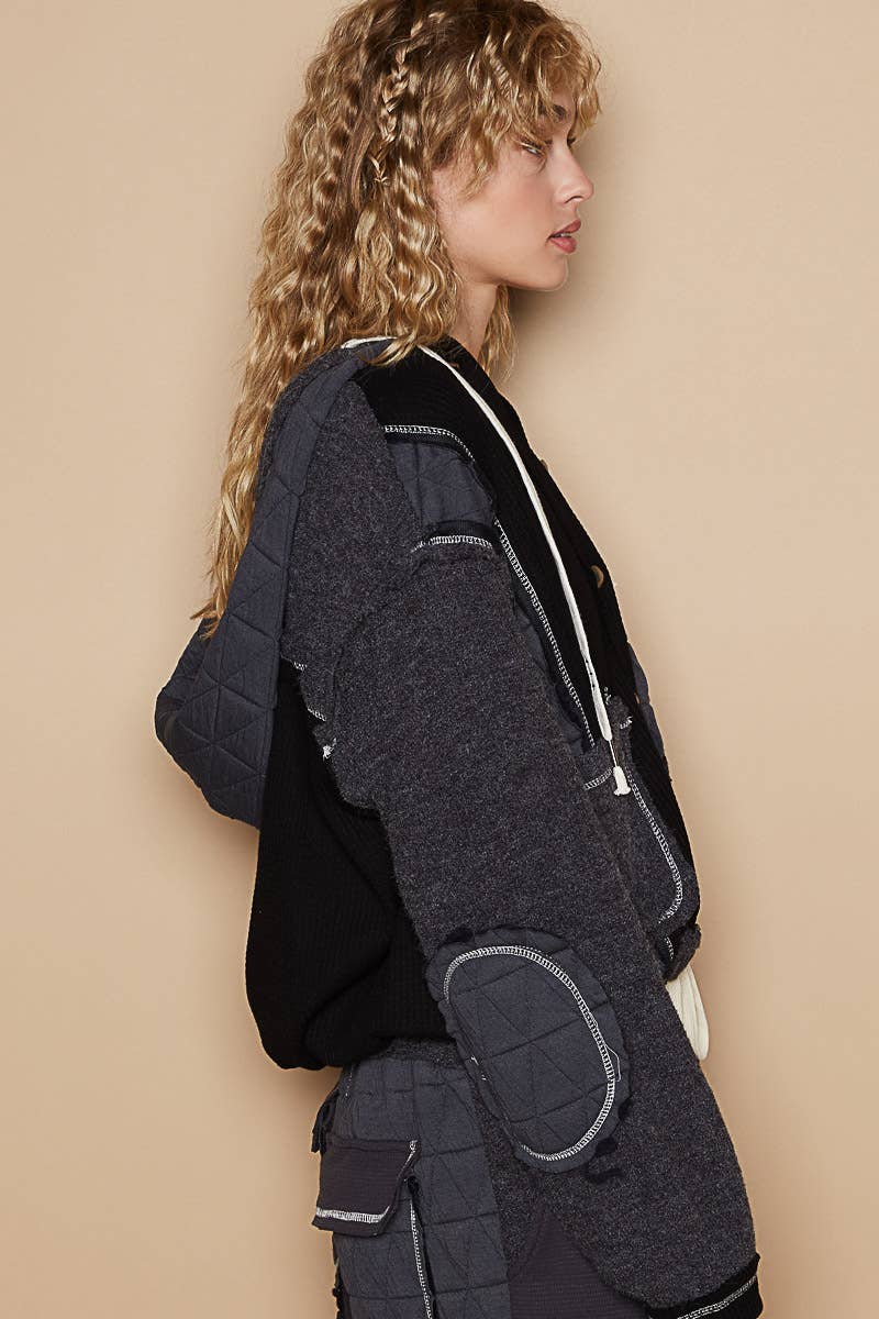 Pol Clothing - Cut sew multi fabric hooded button down combo shacket SALE