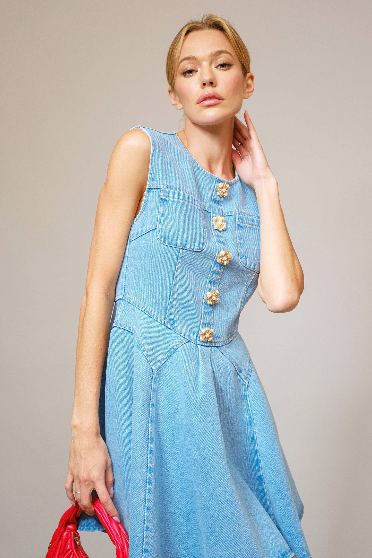 Blue B - 23415D - Jeweled Button Denim Flare Dress