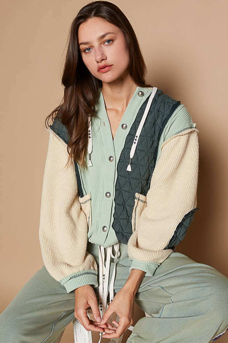 Pol Clothing - Cut sew multi fabric hooded button down combo shacket SALE