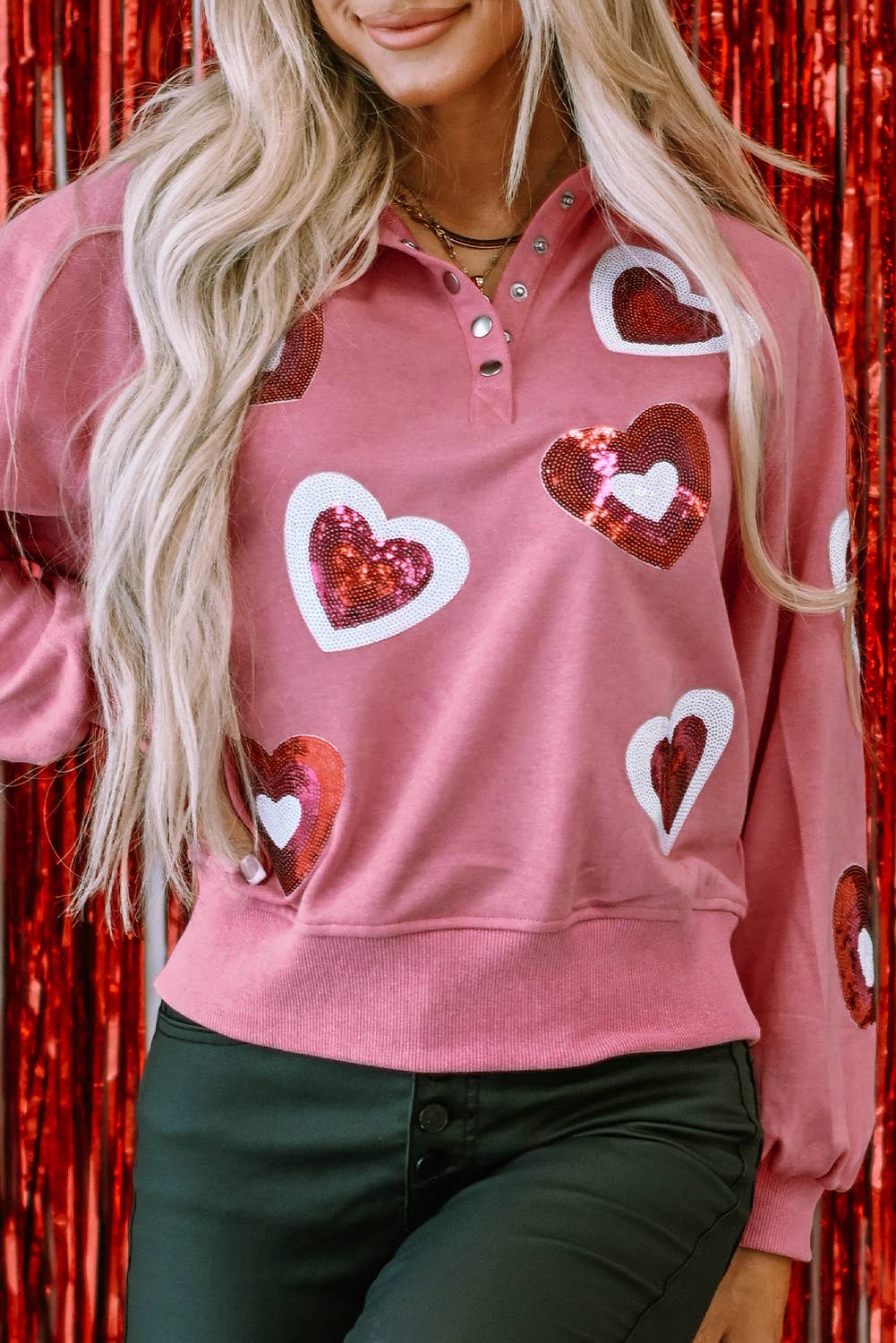 LiveFashionWay - Mineral Wash Sequin Heart Snap Buttons Collared Sweatshirt (
