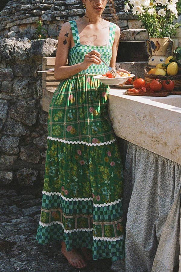 Rosa Clothing - Green checkered Unique Floral Boho ric rac tiered dress