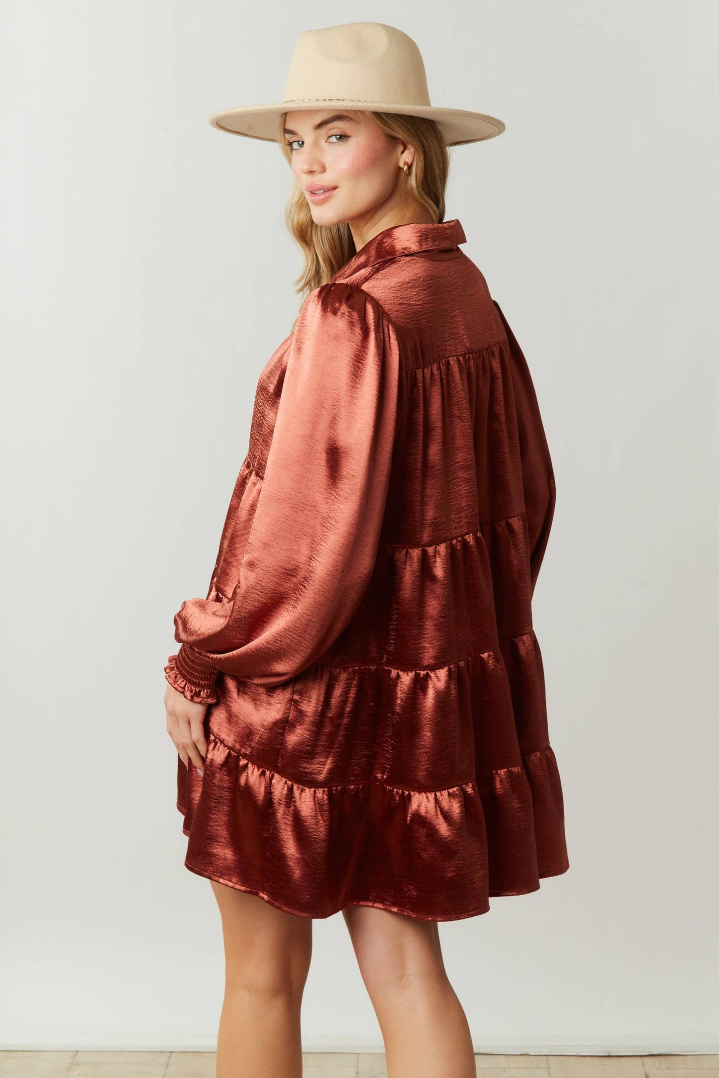 Satin Shirt Dress with Tiered Bottom