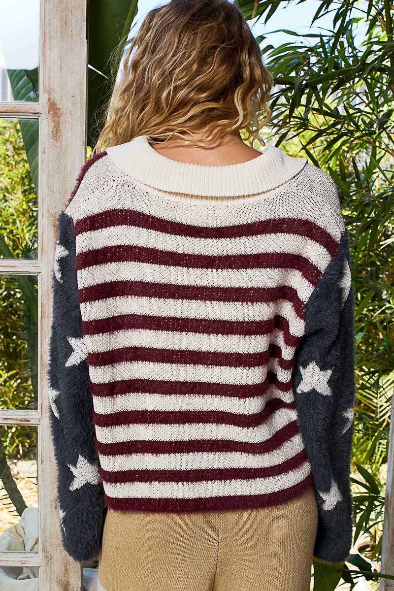 Pol Clothing - Collar neck long sleeve American flag mohair sweater jacket