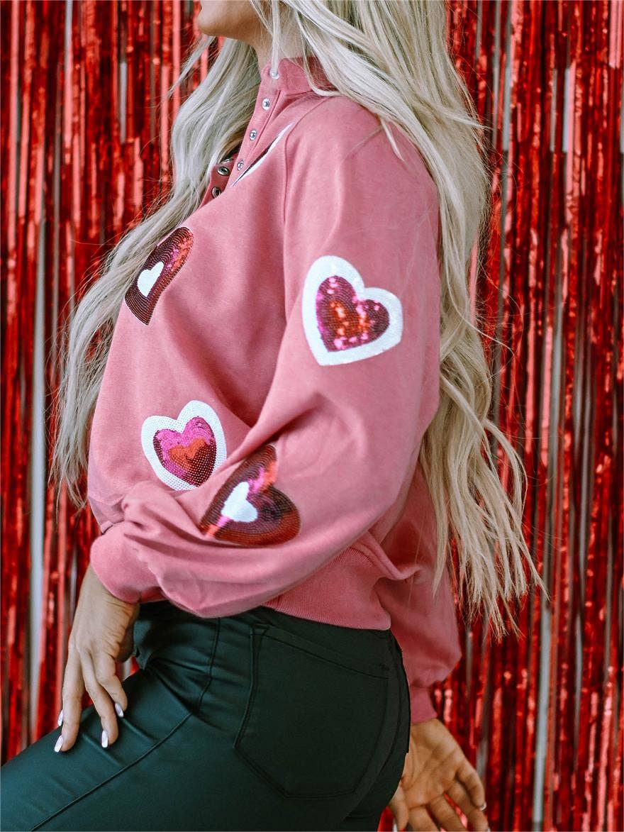 LiveFashionWay - Mineral Wash Sequin Heart Snap Buttons Collared Sweatshirt (
