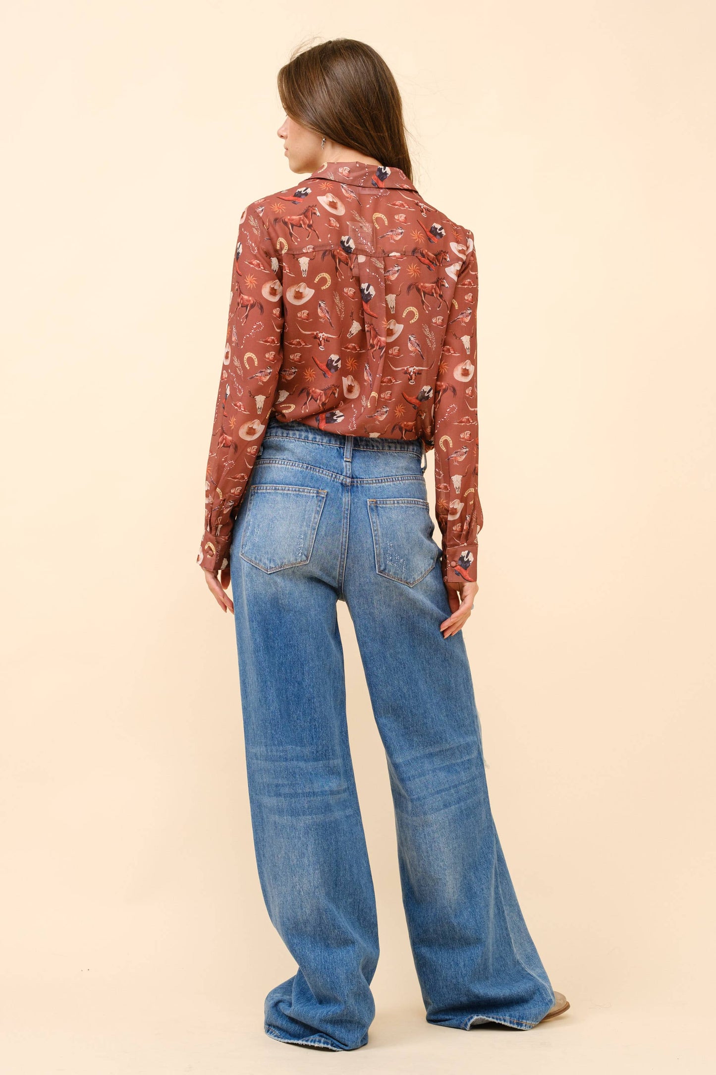 Blue B - 36204T - Western Print Chiffon Button Up Blouse