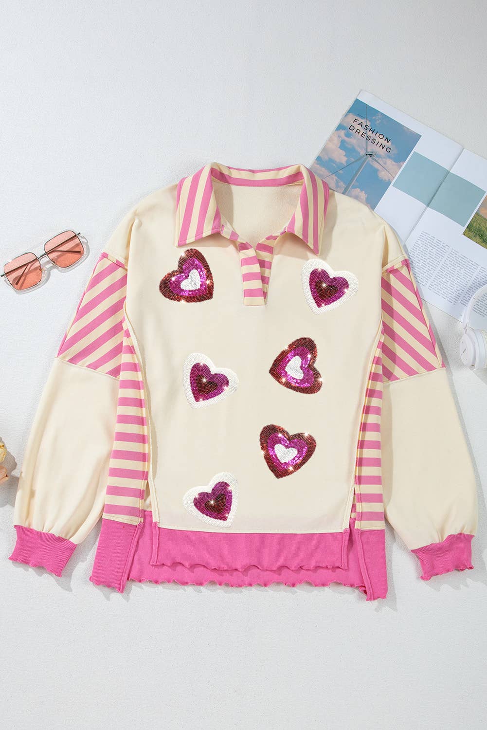 LiveFashionWay - Stripe Patchwork Sequin Heart Pattern Split Top