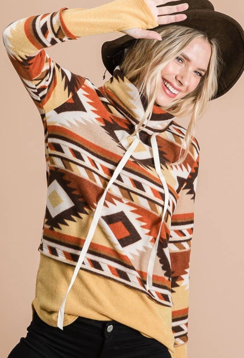 Aztec Print Hoodie -Mustard