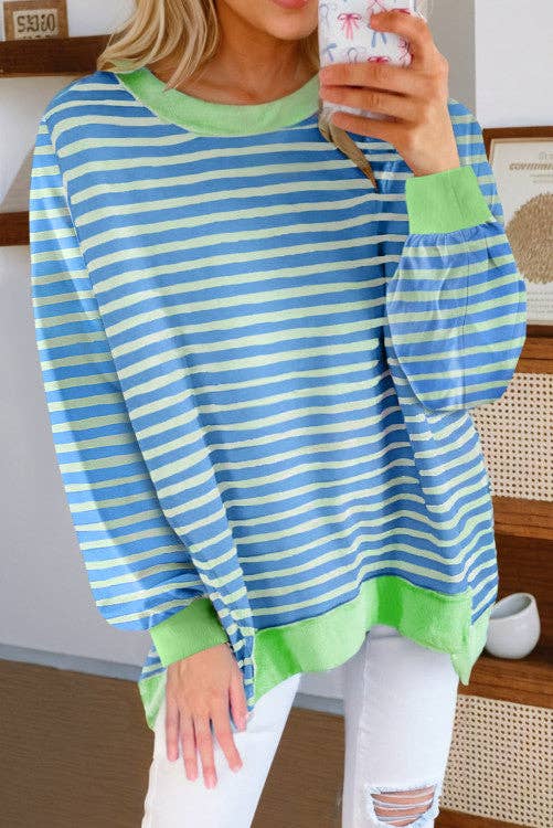 Crossed Arrows Clothing Wholesale co. - Stripe Contrast Trim High Low Pullover Tunic Sweatshirt