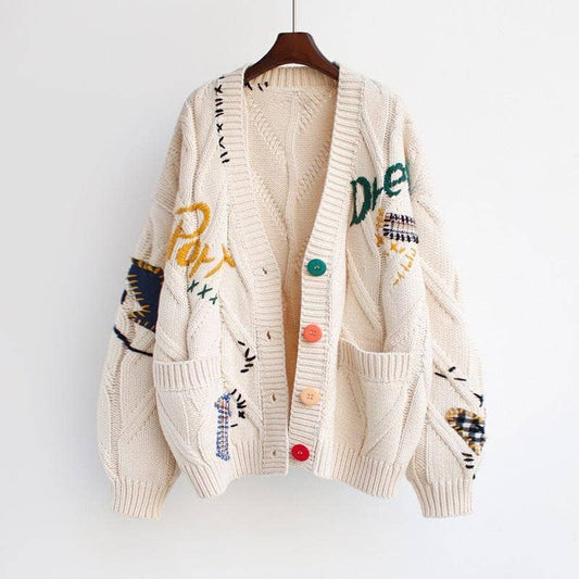 Rosa Clothing - Slouchy Embroidered Cardigan With 6 Colors