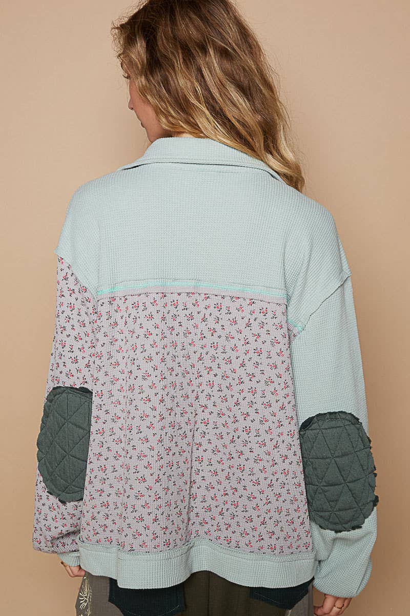 Pol Clothing - Floral Animal Print Contrast Color Block Quilted Jacket