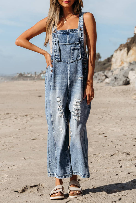 1 the Woman - Distressed Pocketed Wide Leg Capri Denim Overall | 2 Colors