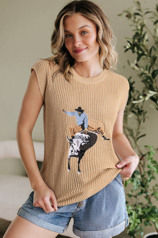 1 the Woman - Western Cowboy Embroidery Round Neck Sleeveless Sweater
