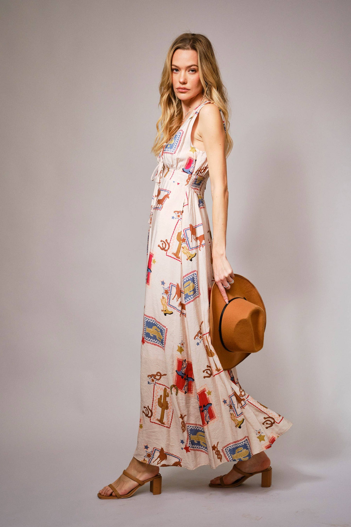 Blue B - 33111D - Western Motif Tie-Front Maxi Dress