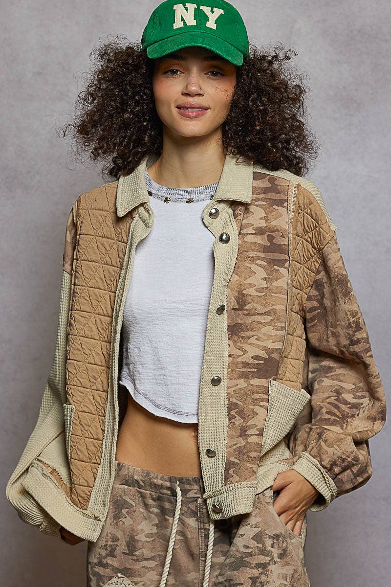 Pol Clothing - Floral Animal Print Contrast Color Block Quilted Jacket