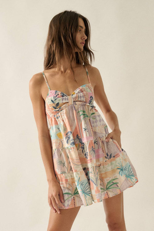 Promesa USA - Tropical-Print Smocked Sweetheart Tiered Babydoll Romper