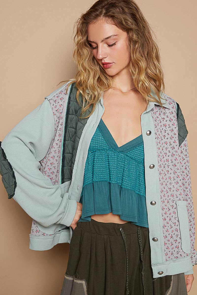 Pol Clothing - Floral Animal Print Contrast Color Block Quilted Jacket