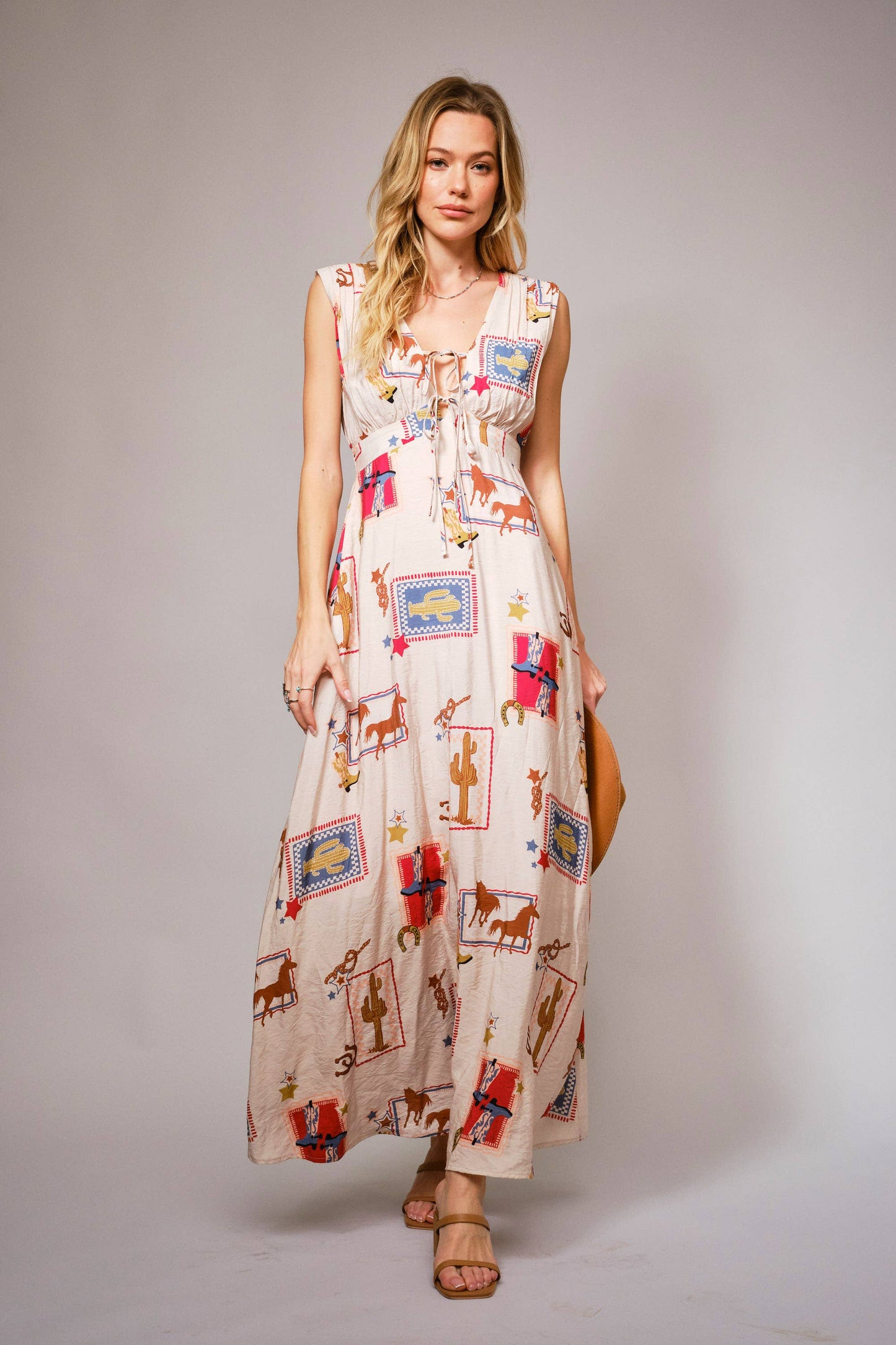 Blue B - 33111D - Western Motif Tie-Front Maxi Dress