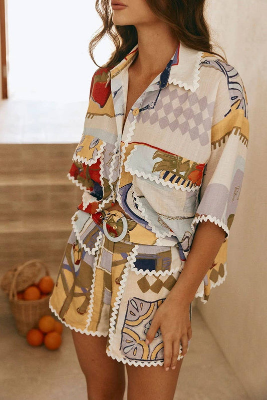 Rosa Clothing - Romantic Contrast Binding ric rac blouse short set