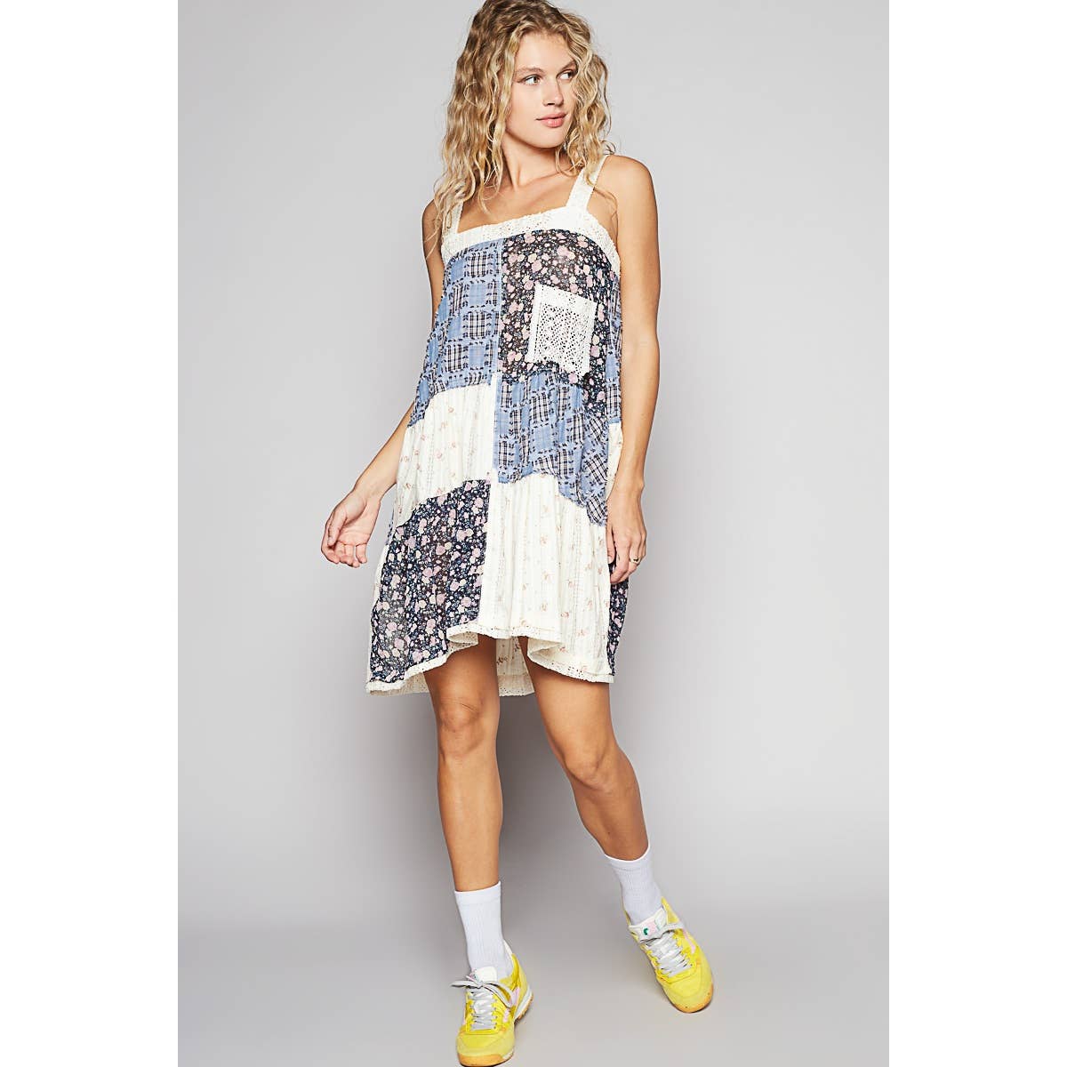 Pol Clothing - Vintage washed plaid patch casual midi dress