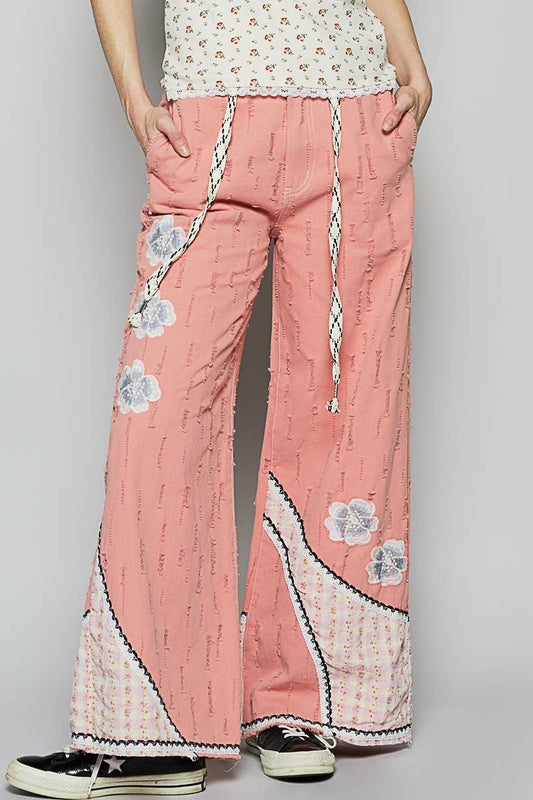 Pol Clothing - Floral patches embroidery elastic band casual pant