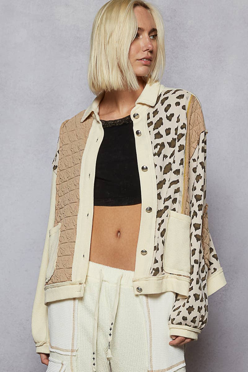 Pol Clothing - Floral Animal Print Contrast Color Block Quilted Jacket