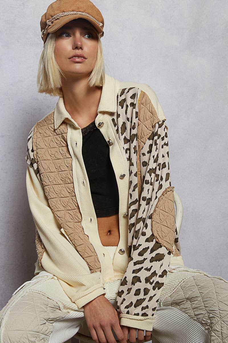 Pol Clothing - Floral Animal Print Contrast Color Block Quilted Jacket