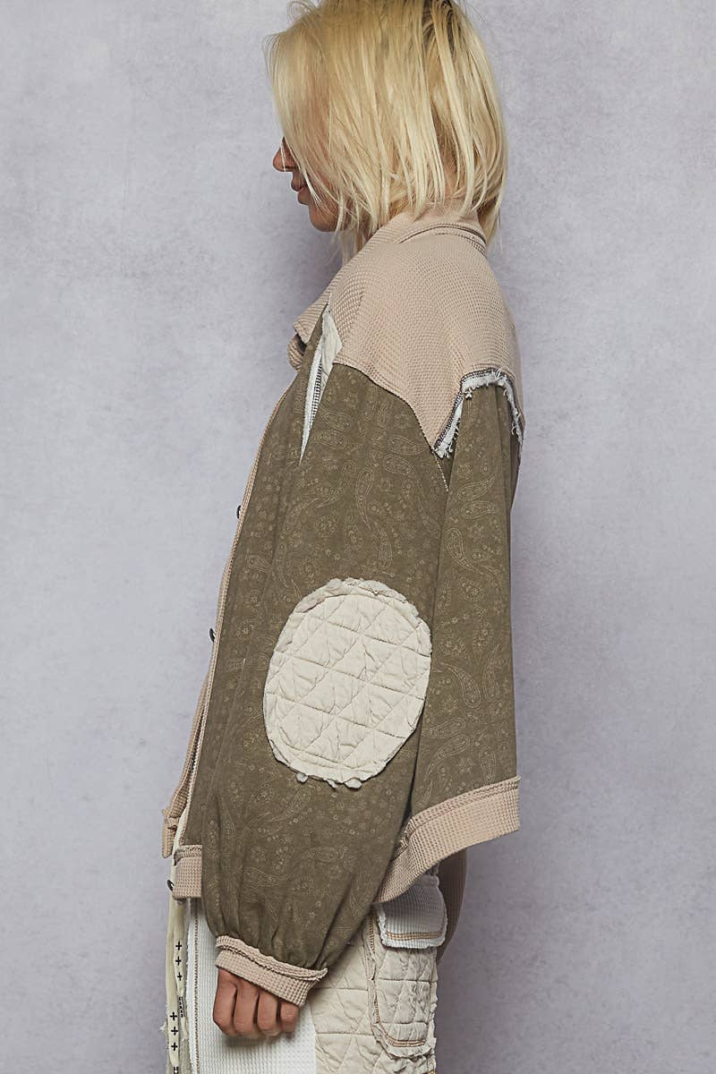 Pol Clothing - Floral Animal Print Contrast Color Block Quilted Jacket