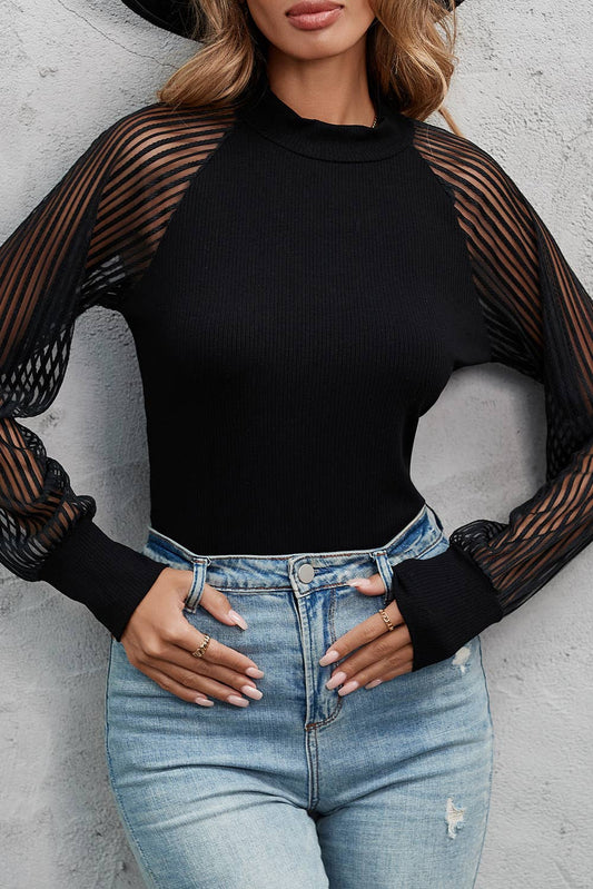 Black Striped Mesh Long Sleeve Crewneck Ribbed Top