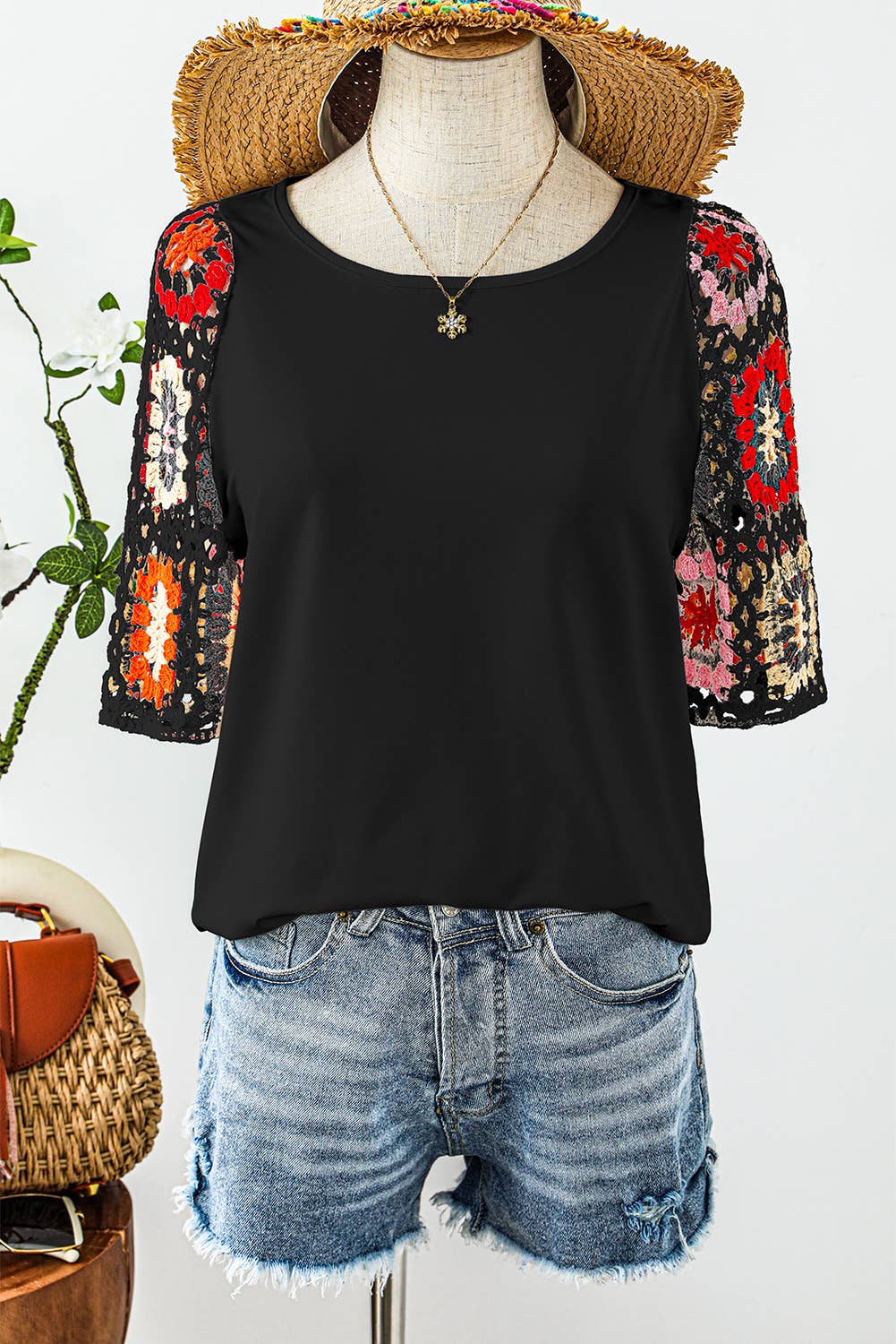 fashionworks -  Fashion-W Floral Crochet Short Sleeve Top*S-XL