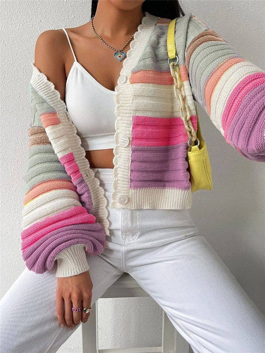Rosa Clothing - Rainbow Striped Balloon Sleeve Cardigan