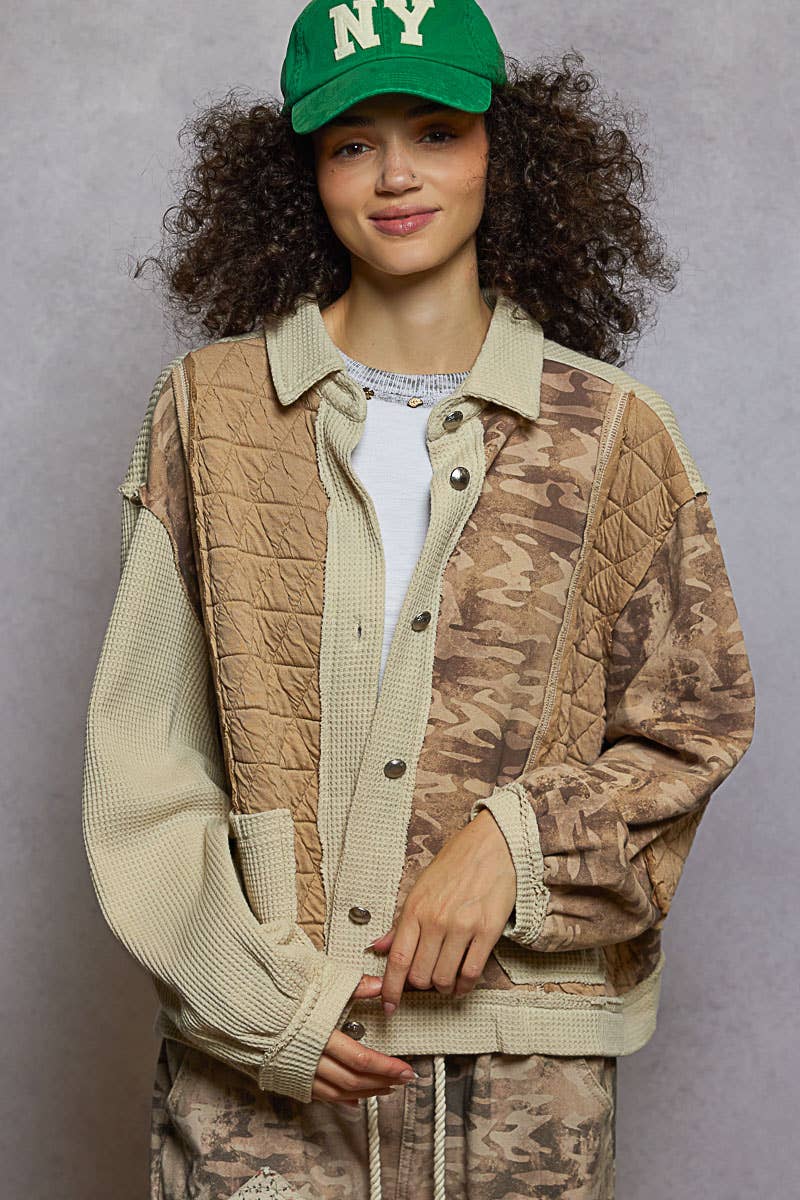 Pol Clothing - Floral Animal Print Contrast Color Block Quilted Jacket