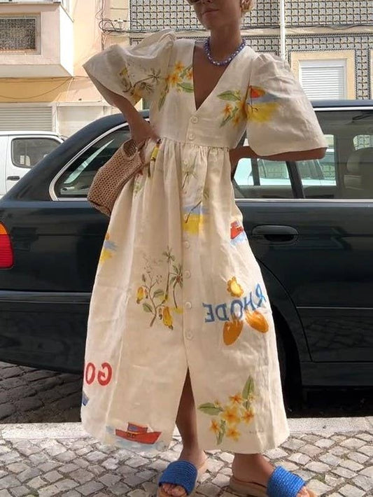 Rosa Clothing - Fashion Print V-Neck Cute Loose Dress