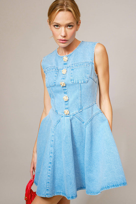 Blue B - 23415D - Jeweled Button Denim Flare Dress
