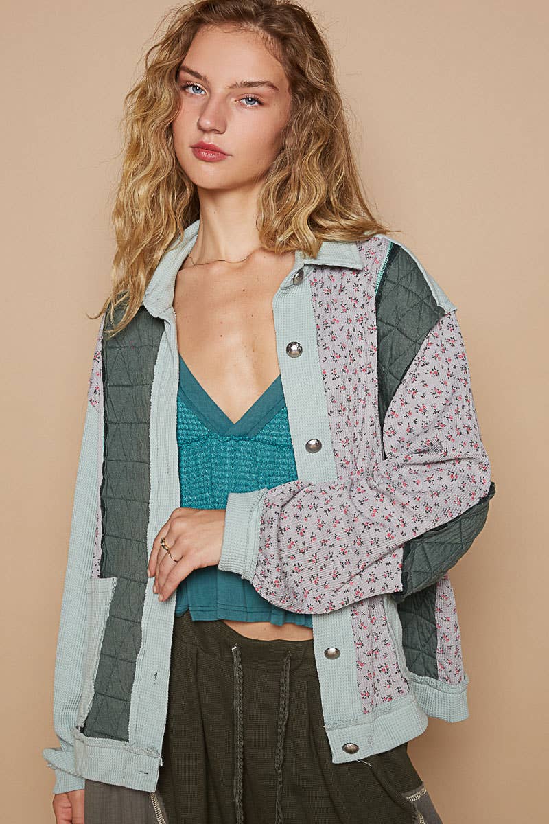 Pol Clothing - Floral Animal Print Contrast Color Block Quilted Jacket