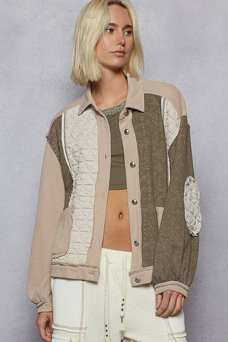 Pol Clothing - Floral Animal Print Contrast Color Block Quilted Jacket