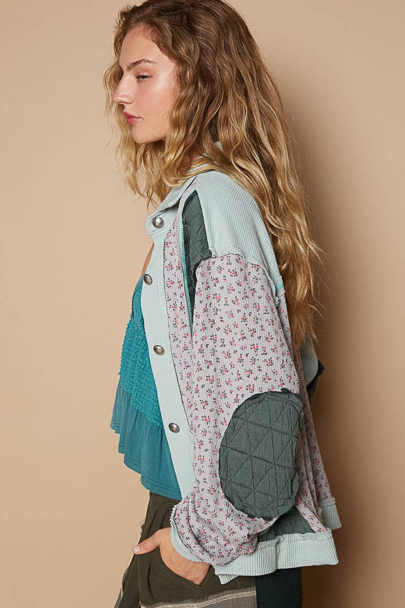 Pol Clothing - Floral Animal Print Contrast Color Block Quilted Jacket