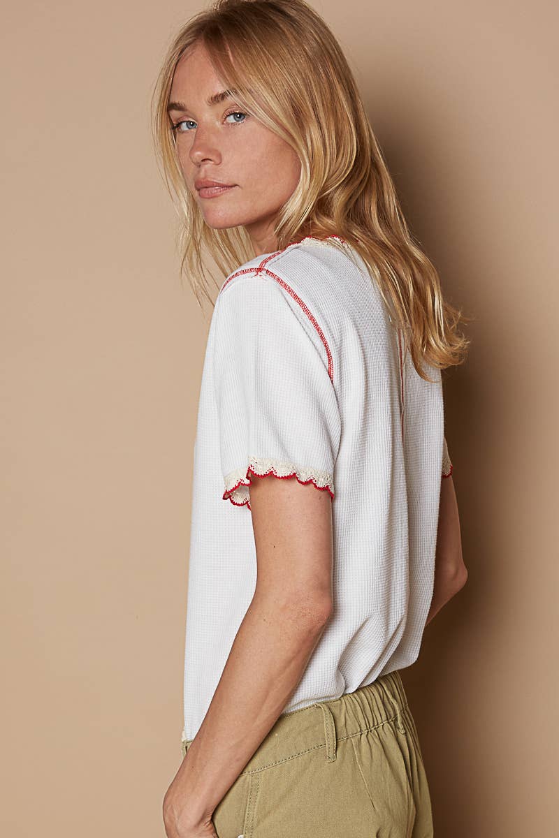 Pol Clothing - Colored trim v-neck short sleeve solid basic knit top