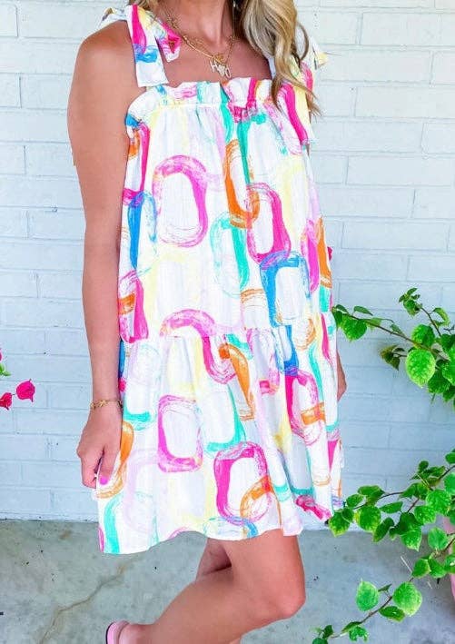 Crossed Arrows Clothing Wholesale co. - Abstract Print Knotted Straps Ruffled Mini Dress