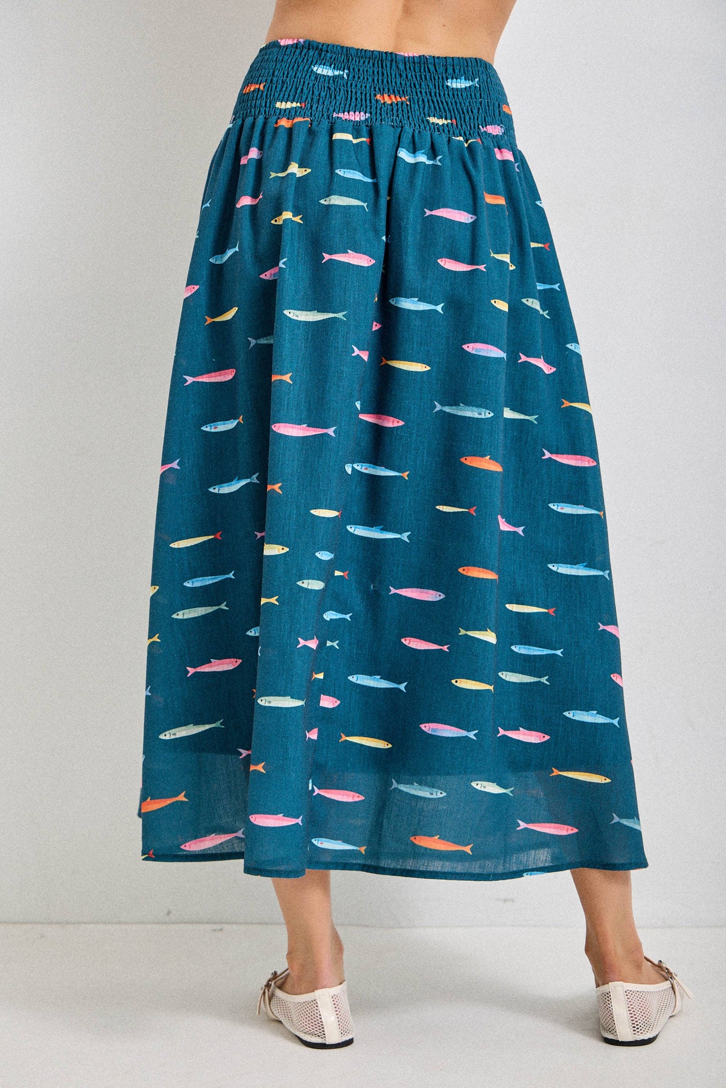 Baevely by Wellmade USA - FISH PRINT SMOCKED BACK WAIST MIDI SKIRT