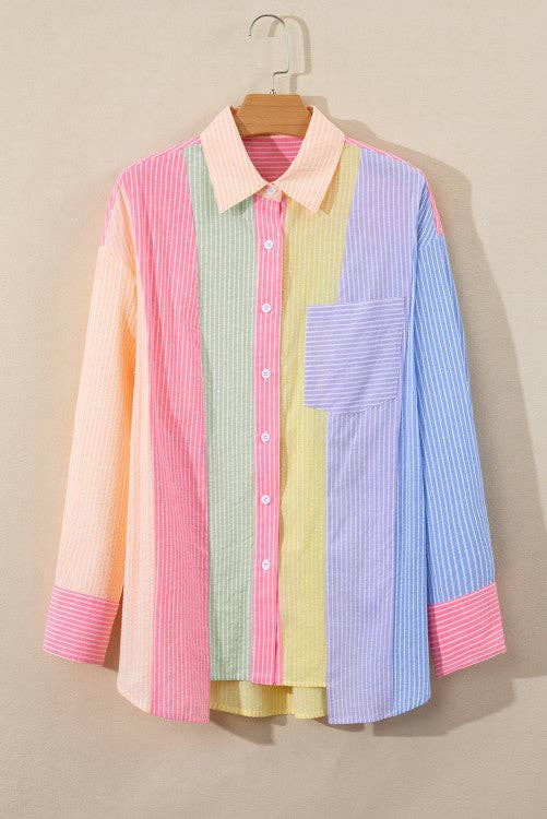 Crossed Arrows Clothing Wholesale co. - Stripe Color Block Chest Pocket Oversized Shirt