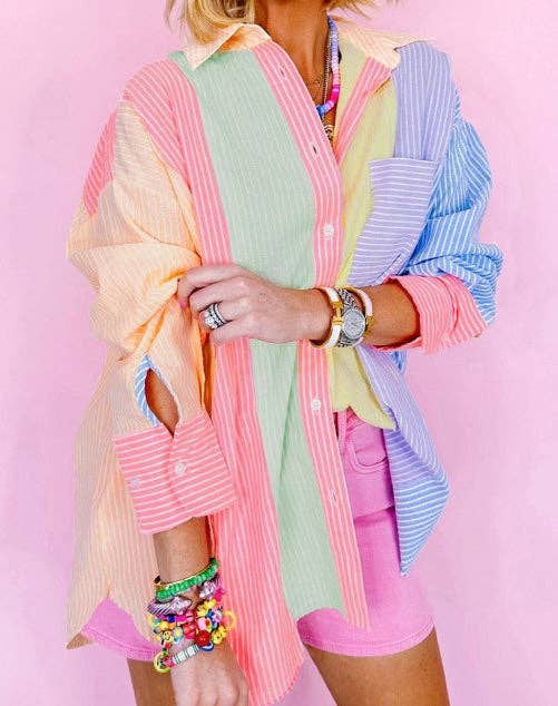 Crossed Arrows Clothing Wholesale co. - Stripe Color Block Chest Pocket Oversized Shirt