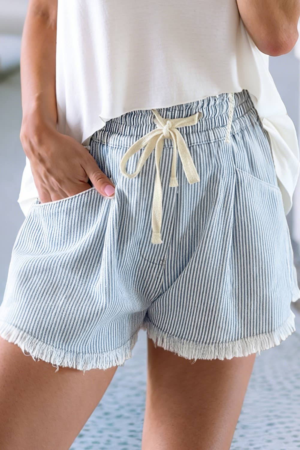 Little Daisy Closet - LDC Raw Edge Drawstring Elastic Waist Casual Denim Shorts