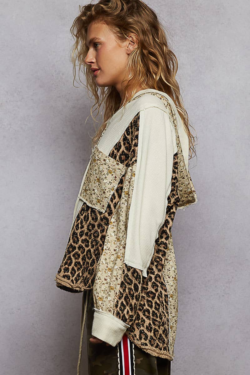 Pol Clothing - Long sleeve printed contrast thermal hooded knit top