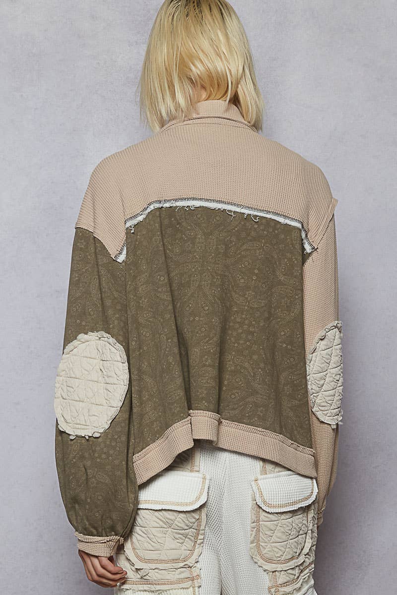 Pol Clothing - Floral Animal Print Contrast Color Block Quilted Jacket