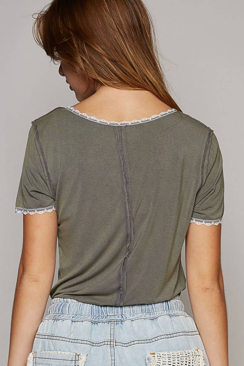 Pol Clothing - Round neck lace lace short sleeve solid basic knit top