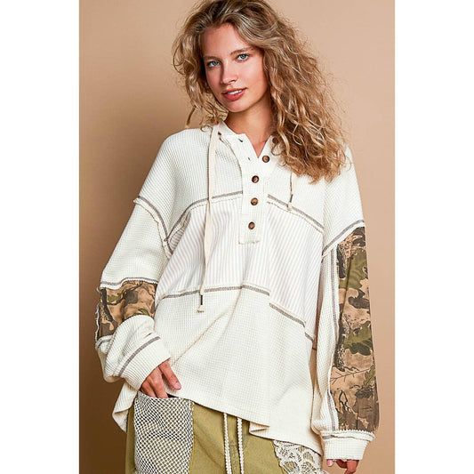Pol Clothing - Printed camo sleeve elbow patches solid top SALE