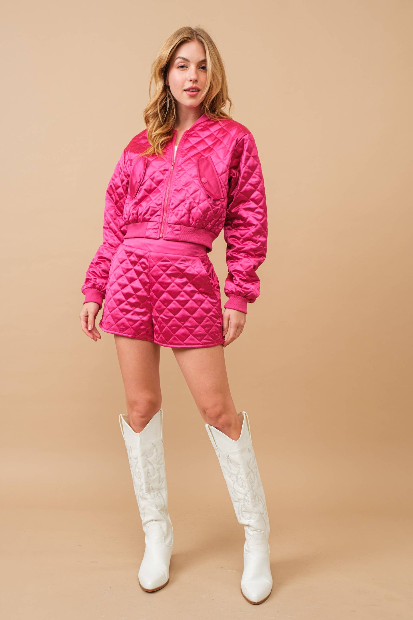 Blue B - 61234SET Quilted Crop Pocket Bomber Jacket w/ Matching Set