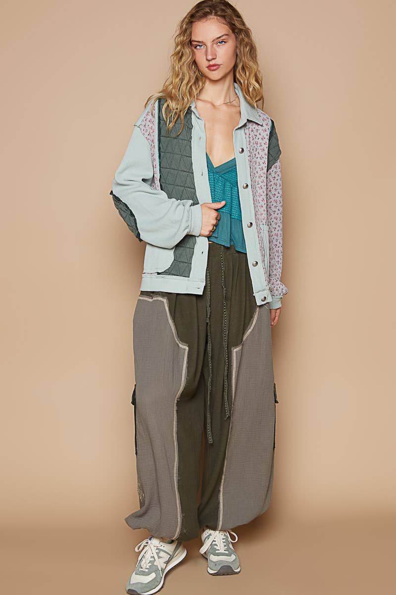 Pol Clothing - Floral Animal Print Contrast Color Block Quilted Jacket