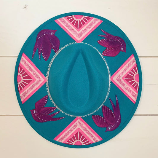 Turquoise Native Bird Flat Rimmed Felt Hat